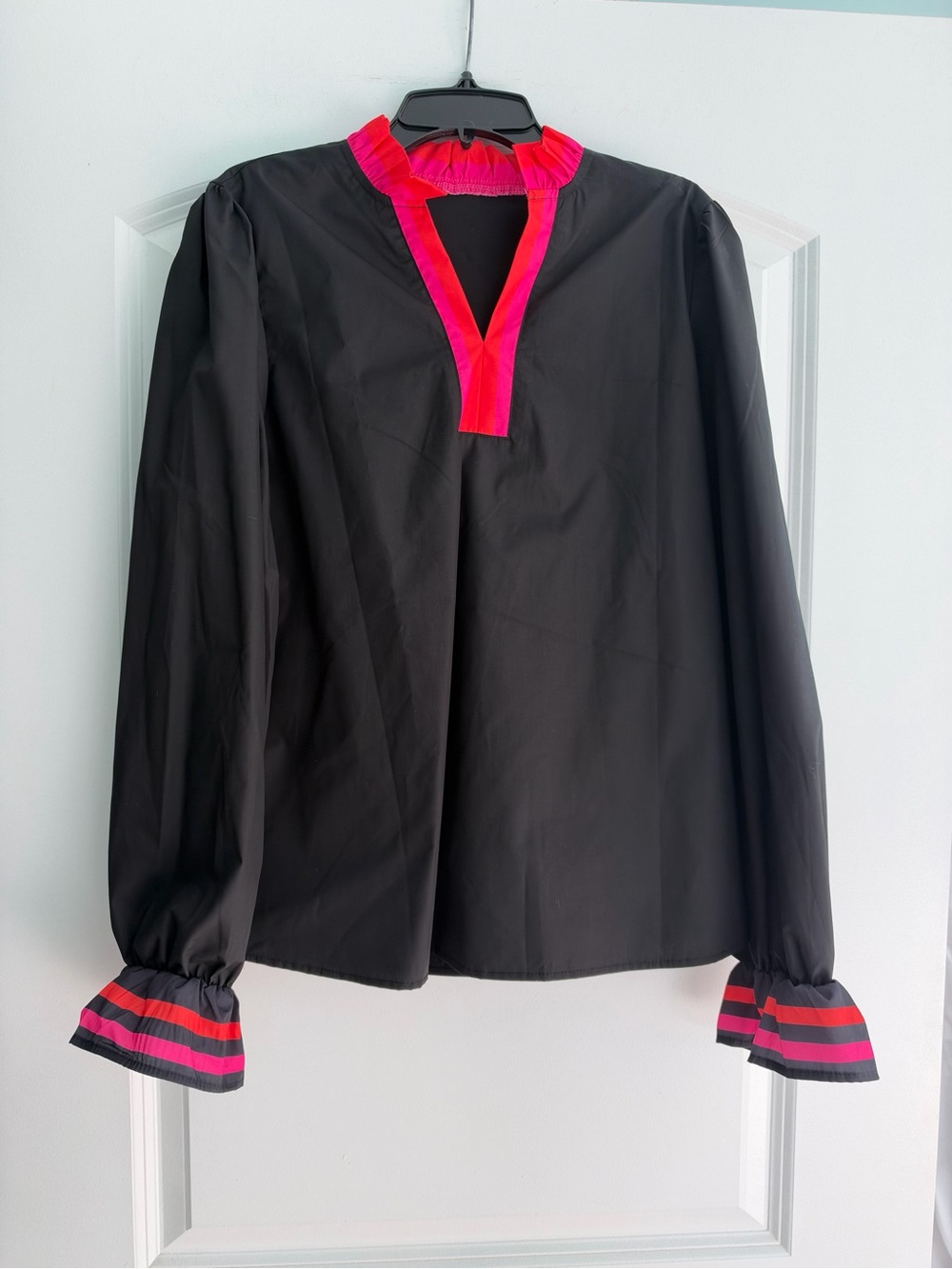 Black Long-Sleeve Top with Pink Trim